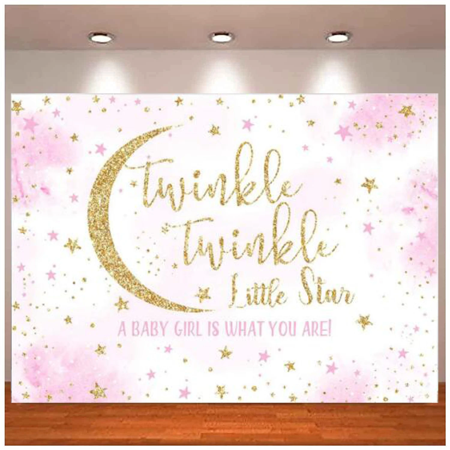 Little Star Photography Backdrop Gold And Pink Blue Twinkle Boy Baby Shower Photo Glitter Star Gender Reveal Background Poster