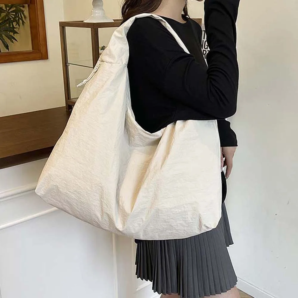 

Casual Nylon Shoulder Bag Double Zipper Design Japanese Style Versatile Commuting Handbag Soft Multi-Pocket