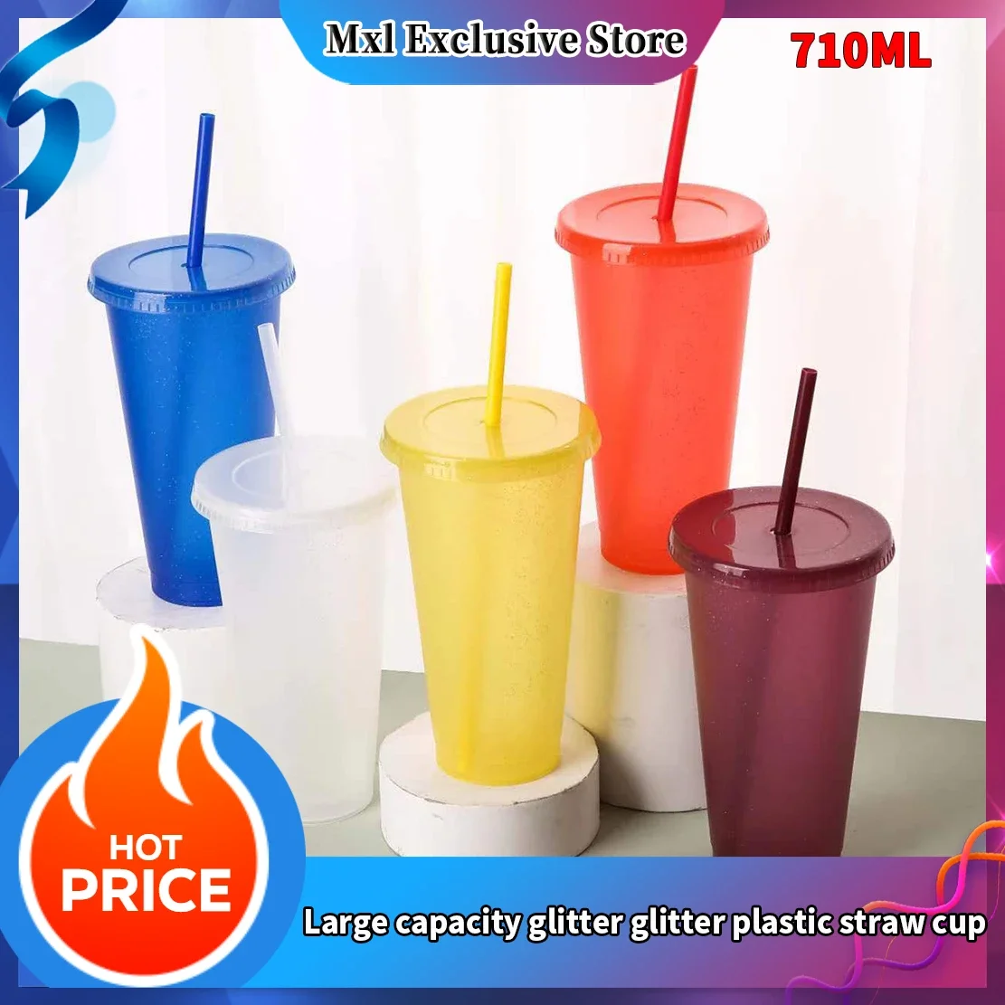 24OZ 710ML glitter straw cup large capacity PP single-layer plastic cup 710ml glitter beverage mug with straw