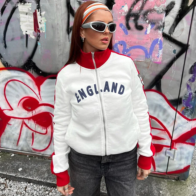 2023 England Autumn Zip Up Hoodie Women Y2k High Street Casual Letter Print Coat Top Vintage Grunge Long Sleeve Sweatshirt New