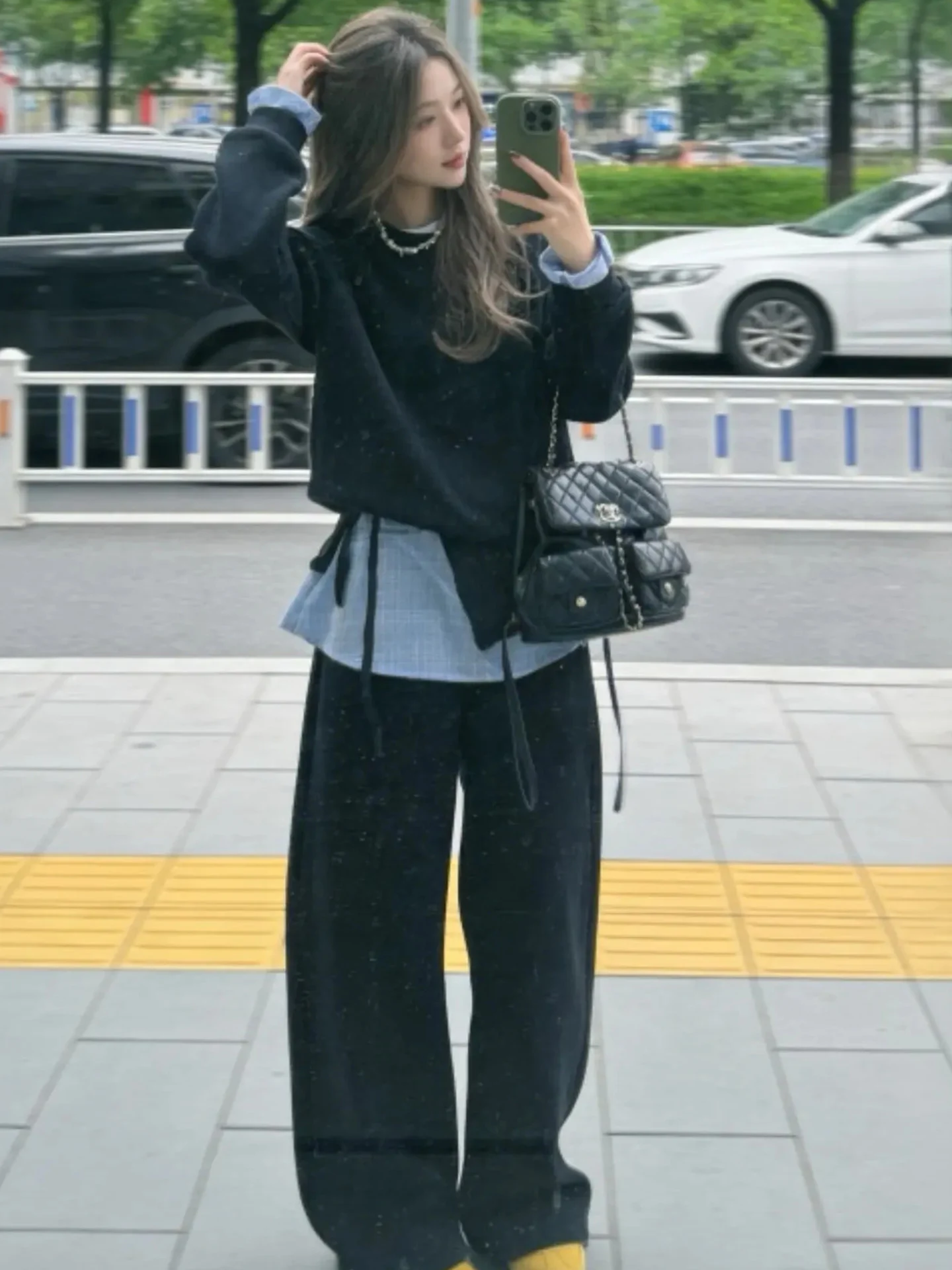 

Korean Lazy Casual Style Wide Leg Pants Three Piece Set Women Spring Autumn High Waist Trousers round Neck Long Sleeve Sweats...