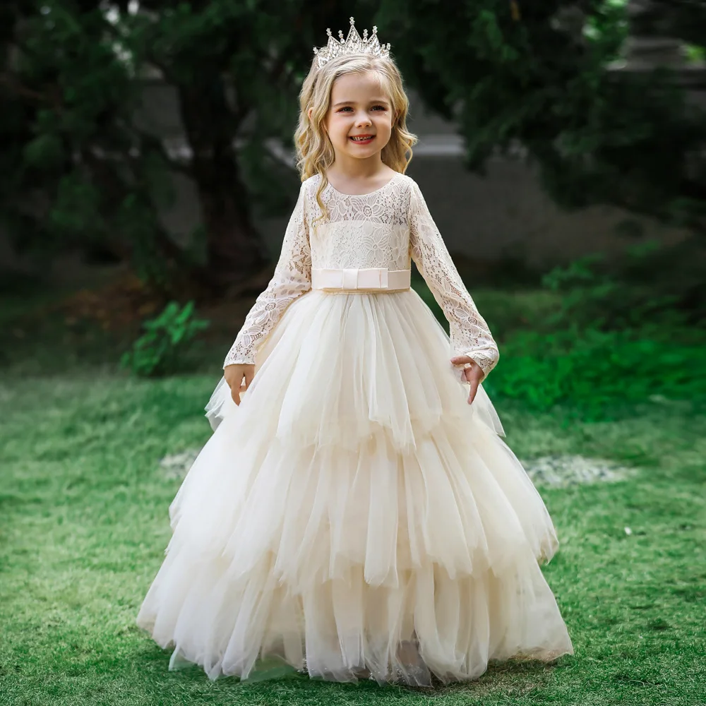 6-15 Years Kids Long Luxury Party Champagne Dresses for Teen Girls White Pink Lace Layered Dress Communion Costume Evening Gown