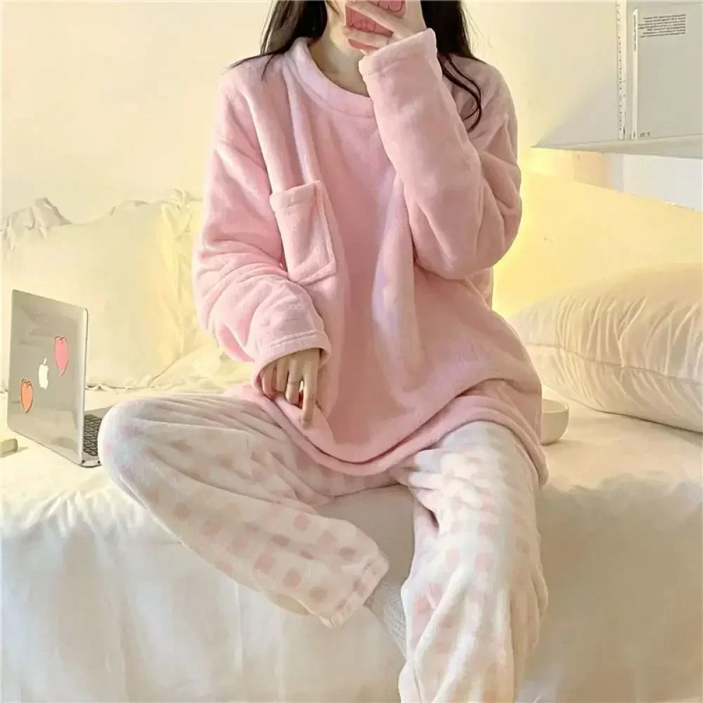 Autumn Winter Warm Women\'s Sleepwear Set Soft Casual Solid Long Sleeve Top and Pants Pijamas Set Men Women Homewear