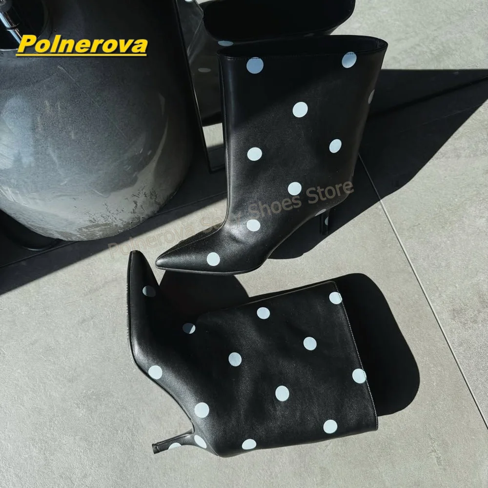 Black White Polka Dot Mid Calf Boots Pointed Toe Stiletto Sleek Slip On Fashion Booties Elegant Office Party Daily Ankle Boots