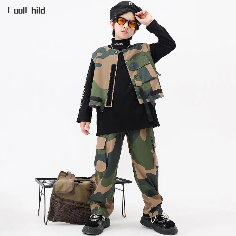 Boys Hip Hop Military Outfits Girls Camouflage Vest Sweatshirt Cargo Pants Child Streetwear Kids Street Dance Stage Clothes Sets