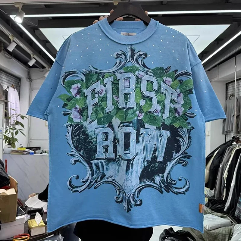 

American Style FIRST ROW T-Shirts Washed Hot Drill Letters Mens Womens High Quality Short Sleeves Tee