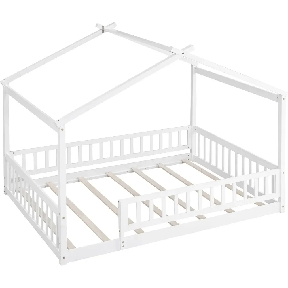 Tempat Tidur Rumah Tempat Tidur Lantai Ukuran Penuh dengan Pagar Pagar, Rangka Tempat Tidur Kayu Gaya Montessori untuk Anak-anak, Tempat Tidur Playhouse Menyenangkan untuk Anak Perempuan Laki-laki