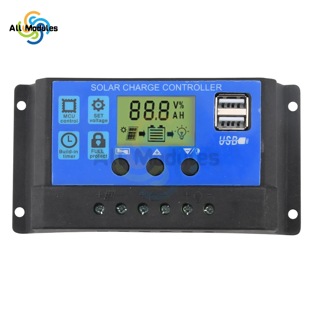 Solar Charge Controller 12V/24V Solar Panel Battery Regulator 30A 20A 10A PWM Battery Charger LCD Display Dual USB 5V Output