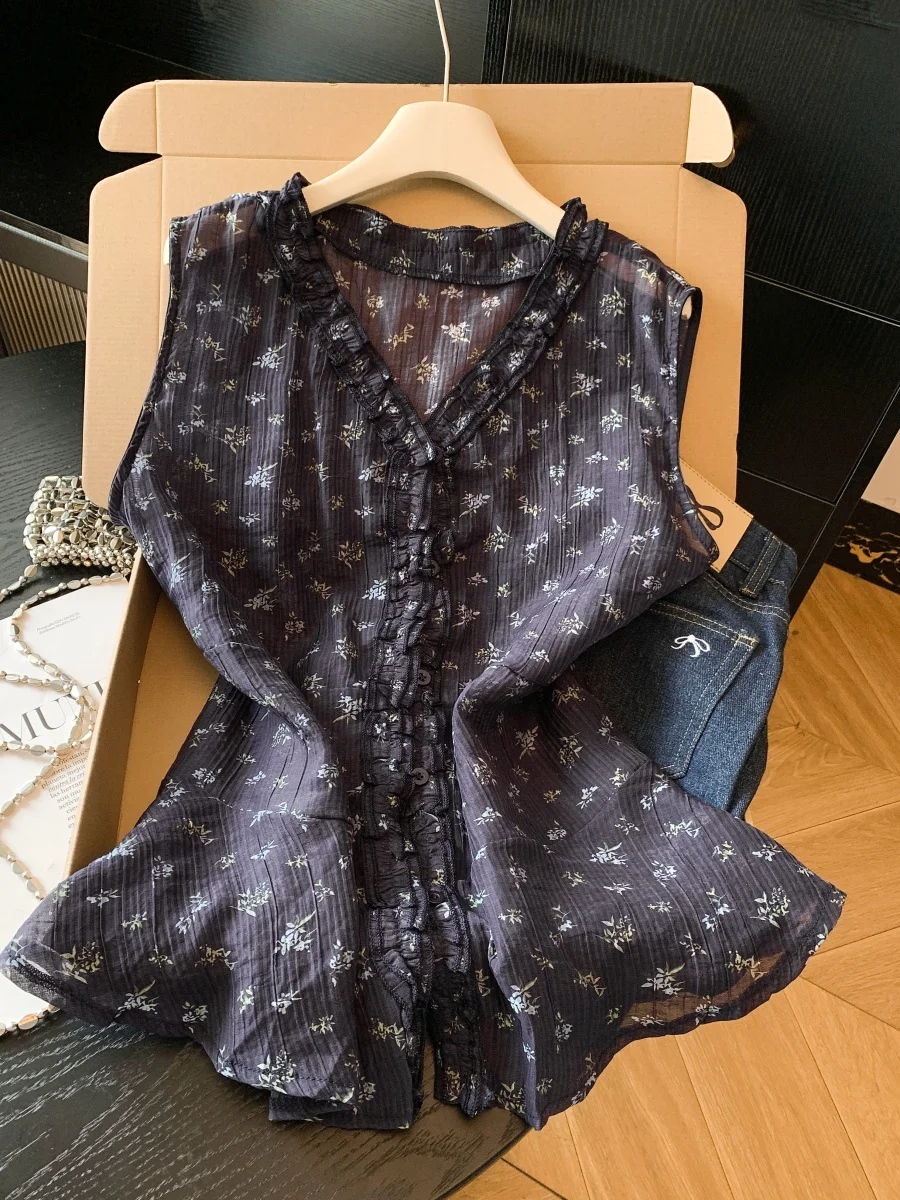 

Retro Black Floral Print Sleeveless V-Neck Shirt Women's Summer Trendy Design Vest Top Original Design Lace Snowflake Pattern