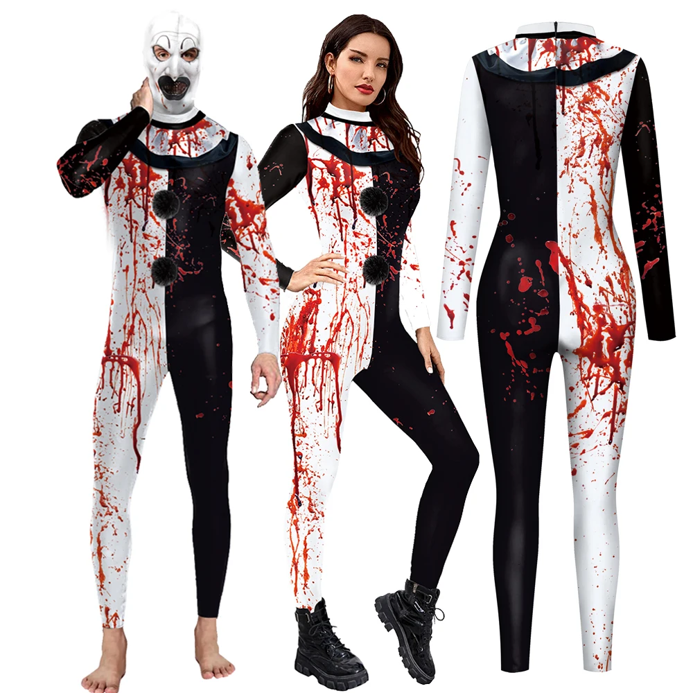 VIP FASHION Terrifier 3 kostium na Halloween kobieta mężczyzna krwawy klaun kombinezon z kapturem fantazyjne body Zentai karnawałowe ubrania imprezowe prezent