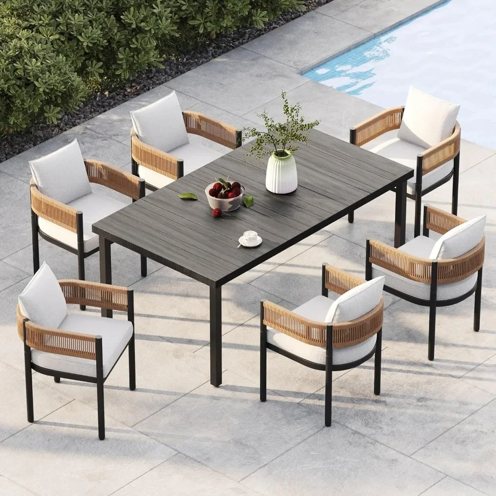 Outdoor Dining Set for 6 Persons 7 Piece Patio Table and Chairs with Thick Cushions Natural