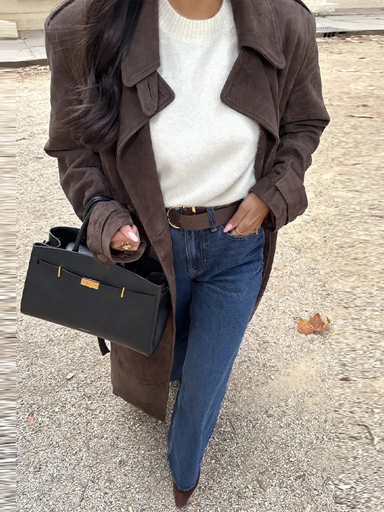 

Vintage Suede Long Jackets Women Loose Lapel Double Breasted Lace Up Coats 2025 Autumn Winter Fashion Street Lady Outerwears