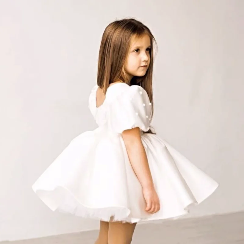 Vestido blanco y rosa de flores para niña, vestidos de satén con perlas de manga corta para boda, fiesta de cumpleaños, banquete, comunión