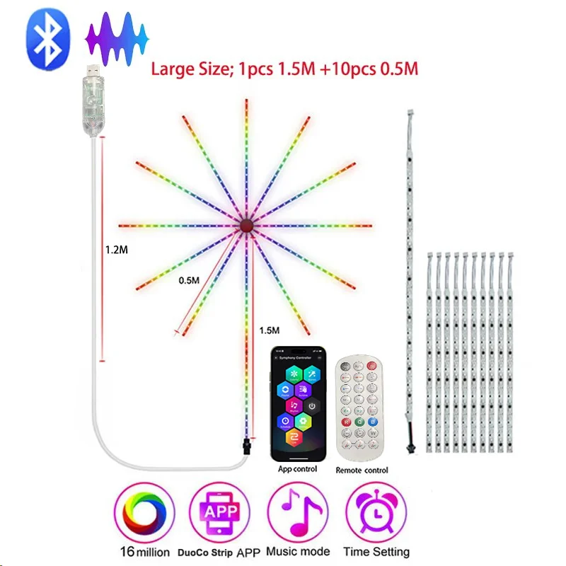 LED Fireworks Lights RGB Color Change Bluetooth APP Music Sound Control Remote Control Home Bedroom Outdoor Christmas Decoration