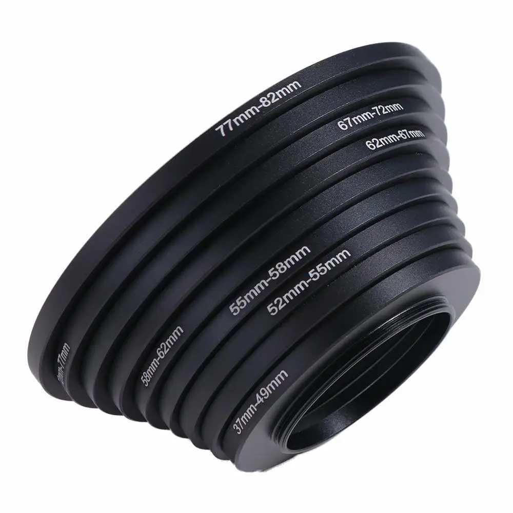 9pcs Filter Ring Adapter Set Step Up Rings 37-82mm UV ND CPL Camera Ring Adapter High Strength Aluminum Alloy