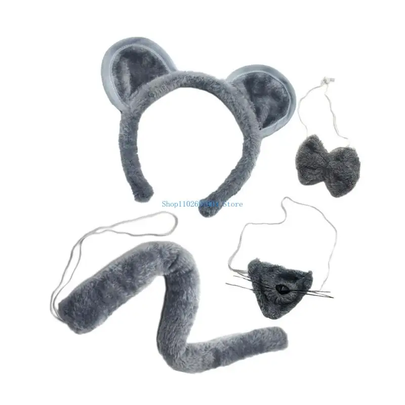 N7YF 2/4/6 マウスコスチュームアクセサリーセットマウス耳カチューシャテールメガネボウタイアクセサリーキット子供動物マウス衣装