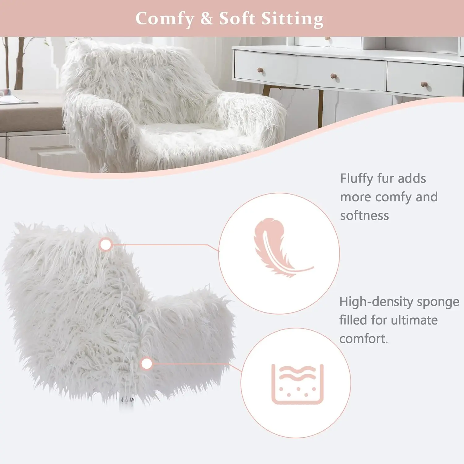 Furry Faux Fur cadeira para meninas, poltrona giratória fuzzy com rodas, altura ajustável, base de prata, casa e escritório, cadeira branca