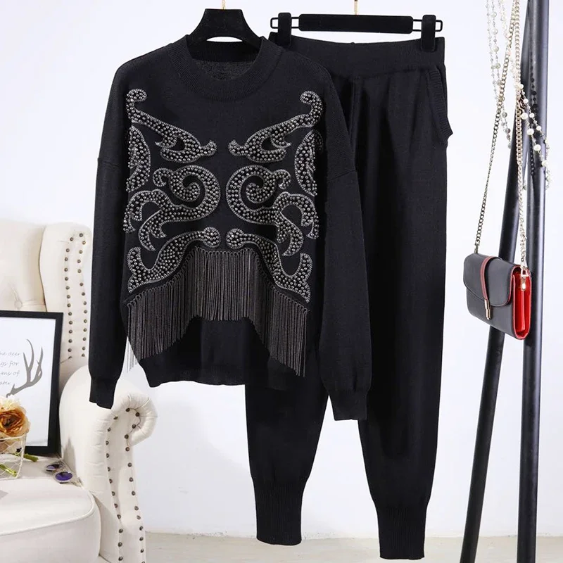 Manual Beaded Chain Tassel Casual Tracksuit Outfits Women O Neck Pullover Sweater Pencil Pant Female Knit Sport Sets Black Grey