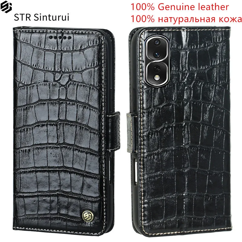 

STR 100% Genuine leather crocodile grain card Slot Wallet Cover For Honor 80 70 Pro+ Pro Flat Lite GT Flip shockproof phone Case