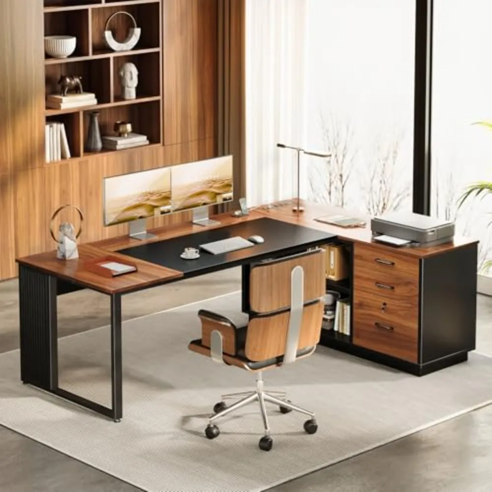 71 Inch L Shaped Executive Desk with Storage, Walnut+ Black | Computer Desk with 3 Wooden Drawers and File Cabinet