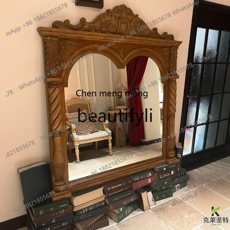French retro carved fireplace decorative mirror American living room entrance hanging mirror European wall hanging mirror2936
