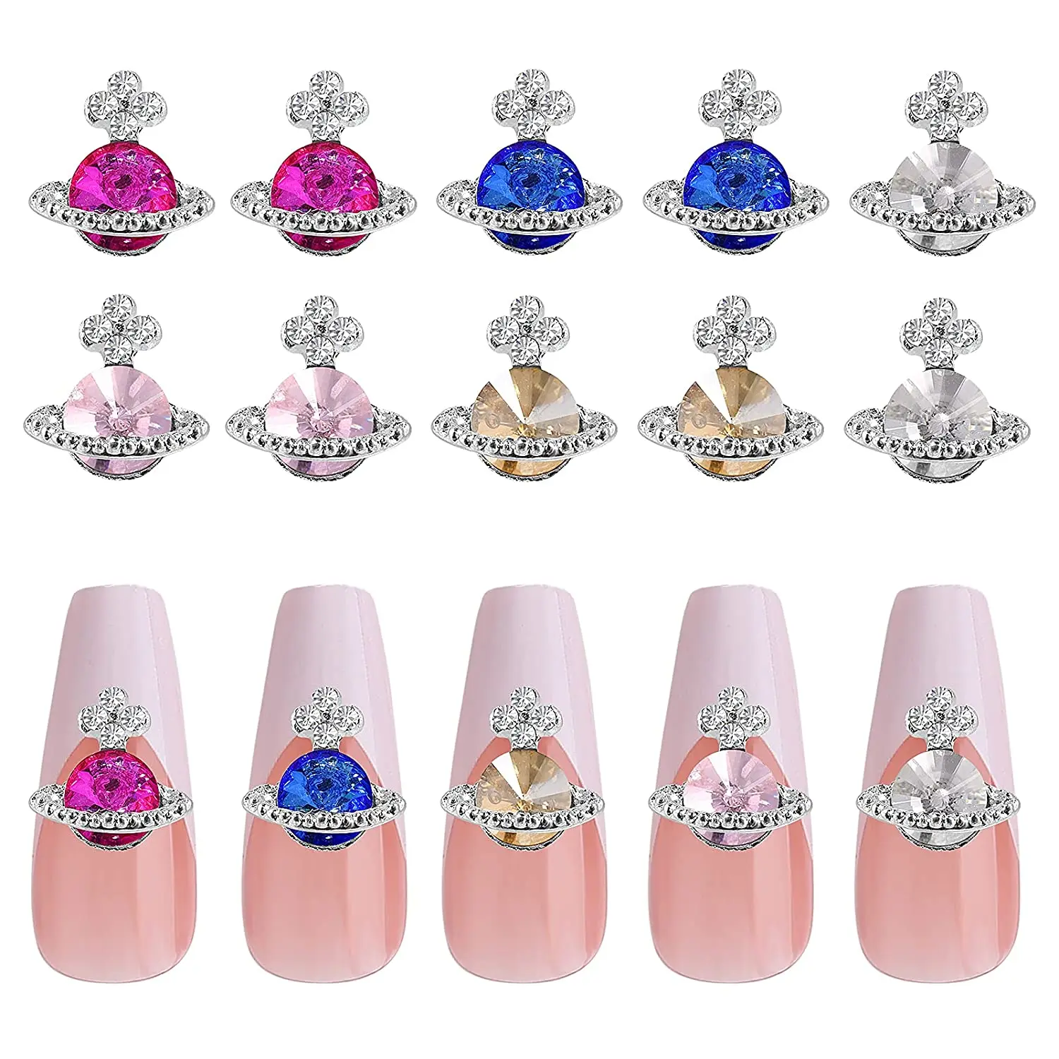 10PCS Luxury Saturn Planet Nail Charms Rhinestones Celestial Heavenly Body Designs Gems Nails Art Decoration Accessories Parts