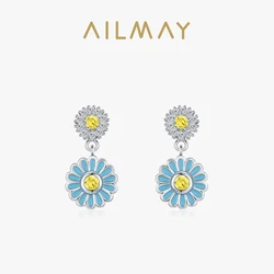 Ailmay 925 Sterling Silver Elegant Luxury Sunflower Enamel Earrings Swing Crystal Earrings For Women Girls Valentine's Day Gifts