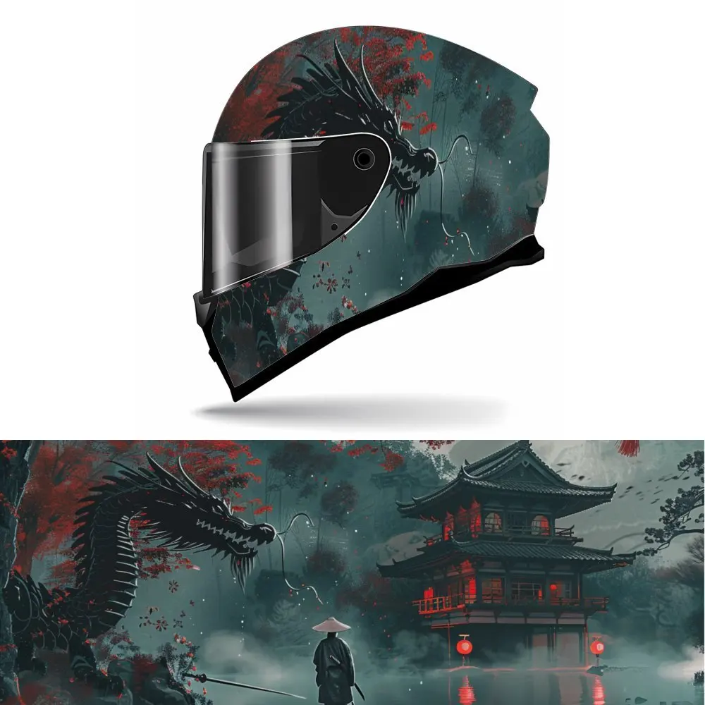 

Mythical Moon Night Samurai and Dragon PVC Motorcycle Helmet Vinyl Wrap, Self-Adhesive Waterproof Sticker, Anti-Scratch Decorati