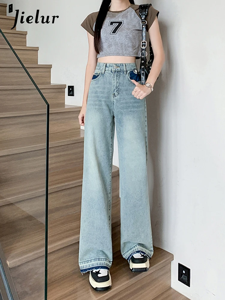 

Jielur Summer New High Waist Slim Women's Jeans Simple Basic Fashion Jeans Woman Blue Street Chicly Young Wide Leg Pants Female