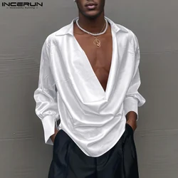 Casual Stylish Style Tops INCERUN Handsome Men's Deconstruction Swing Neck Shirts Sexy Male Solid Long Sleeved Blouse S-5XL 2024