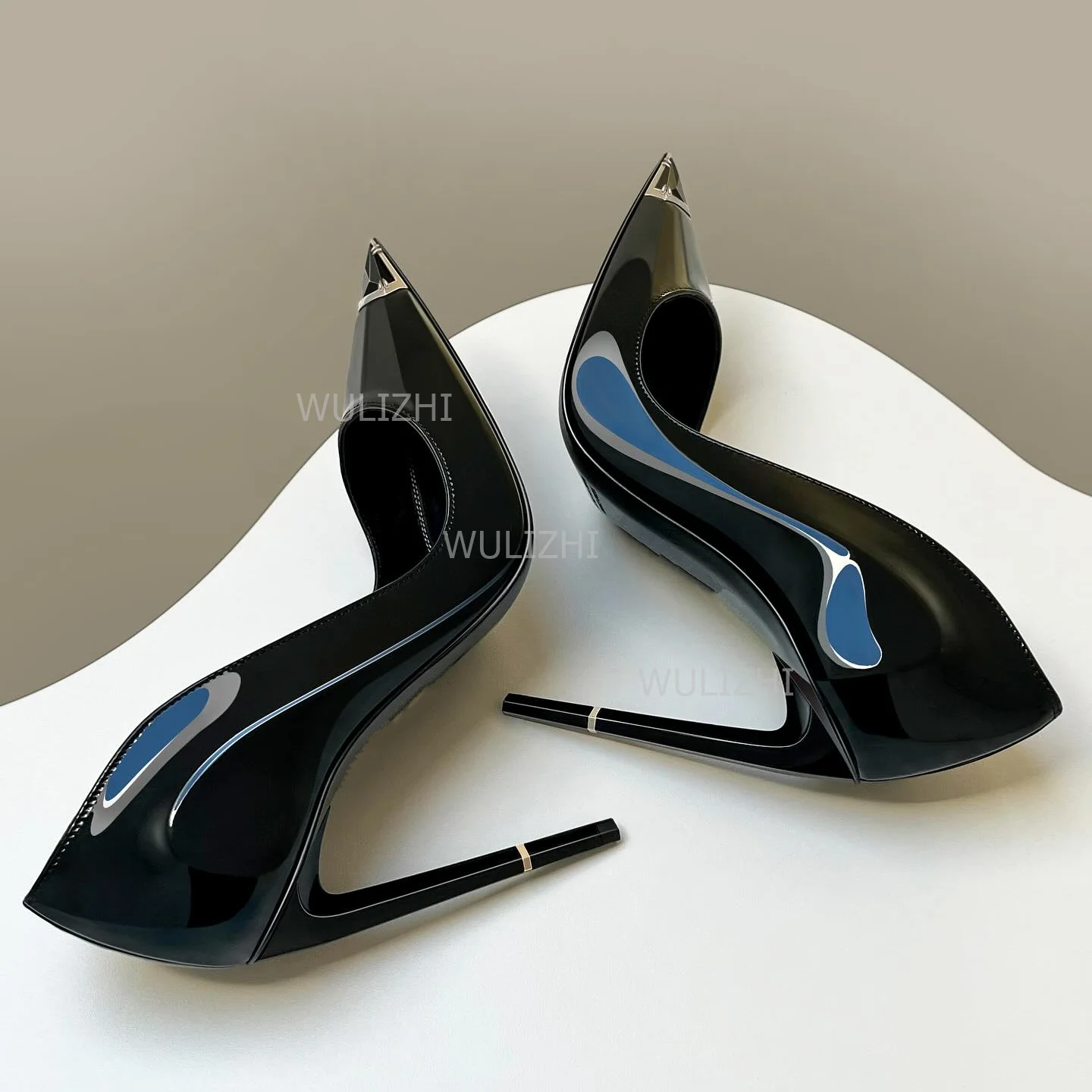 

Women's Spring Heels Sexy Black Shiny Patent Leather Pump Metal Pointed Large Gemstone Silk Sandals Girls Party Dark Blue Shoes