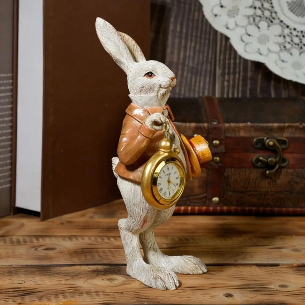 Seasonal Holiday Clock Easter Bunny Clock Decor Resin Figurine with Top Hat Pocket Watch Vintage Rabbit Statue for Spring Home