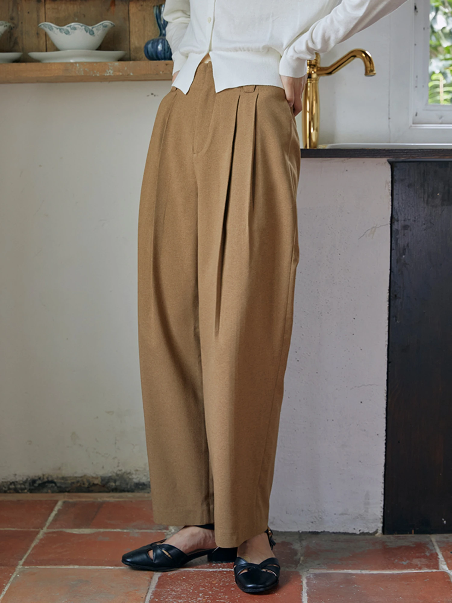 

Leblanc Simple l Waist Trousers Casual Pleated Long Straight Leg Pants Commute Sle Polyester Fiber Autumn Collec...