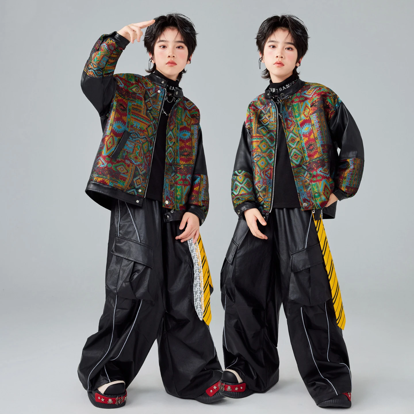 冬子供社交ダンススーツパターンコート革パンツ女の子のためのジャズダンス衣装男の子ヒップホップ服 XS10772