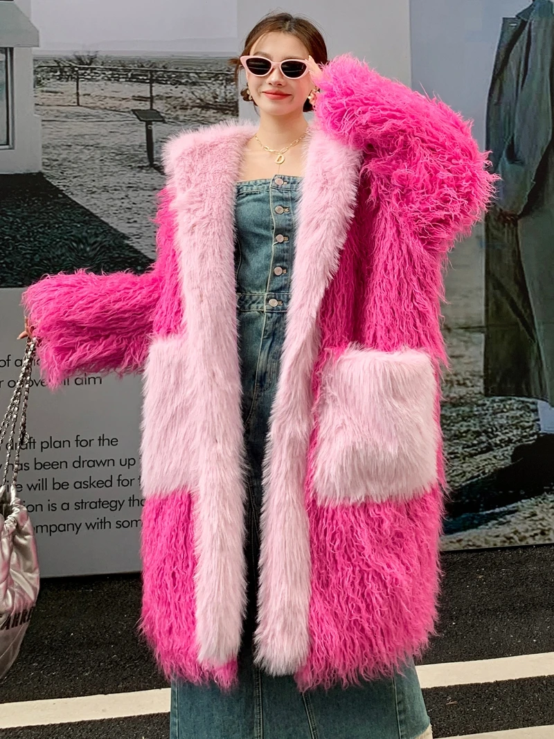 Lady Pink Faux Fur Coat Contrast Color Loose Hooded Long Jacket Female Streetwear Women\'s Winter Coats Performance Costume