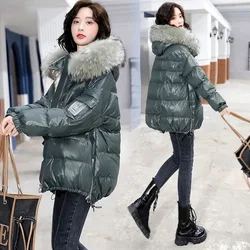 Down Cotton Jacket 2024 New Women's Mid Length Korean Version Loose Fitting Thick Jacket Large Woolen Collar Winter Hooded Outfi