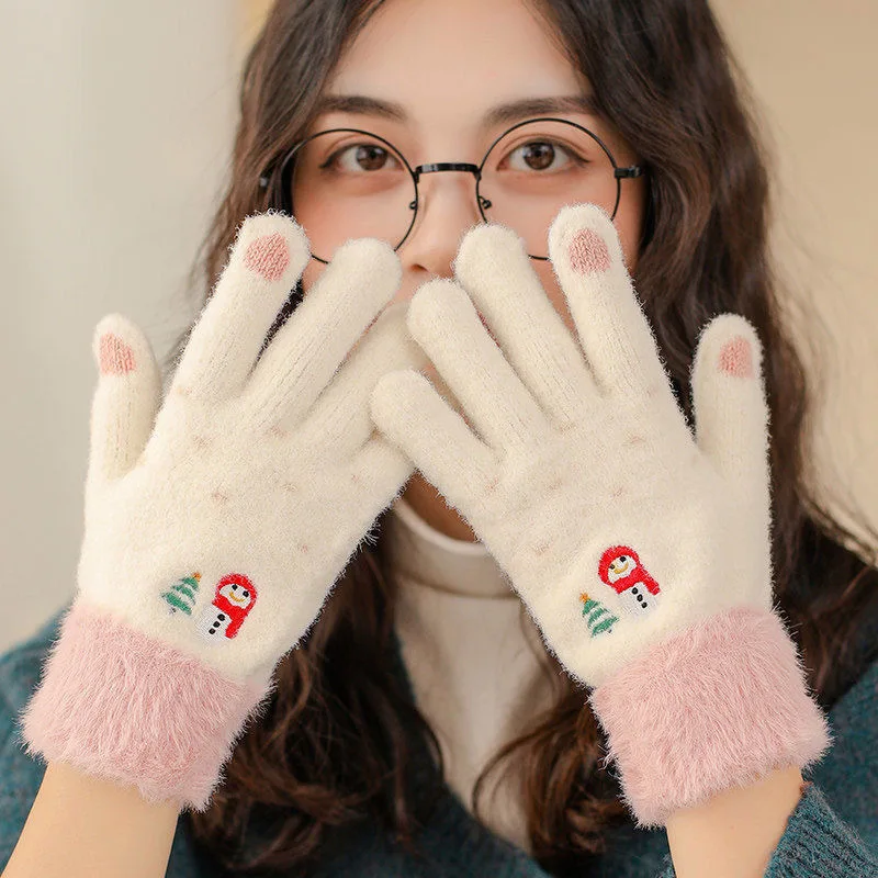 Autumn and Winter Gloves for Women Snowman Cute Winter Cold Protection with Thick Velvet Winter Knitted Touchscreen Warm Gloves