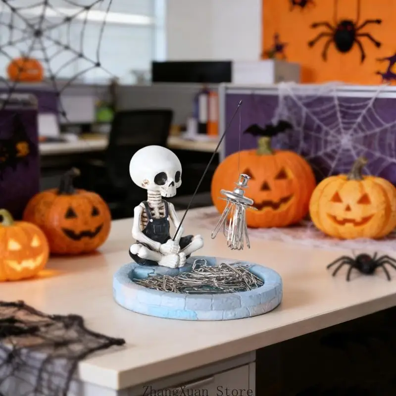 Metal Clip Holder with Skeleton Fisherman Figure, Resin Desk Tray for Fast Clip Pickup, Dark Theme Office Desk Accent for Study