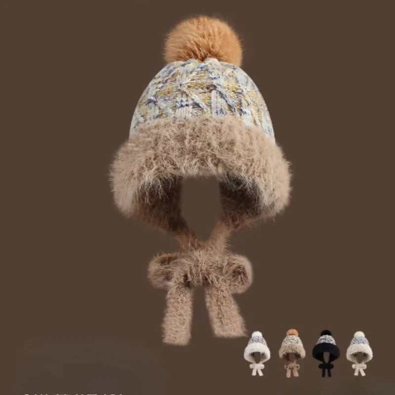 

Зимняя разноцветная вязаная шапка с помпоном для мужчин и женщин, большая голова, плюшевая защита ушей, теплые шапки-бомберы