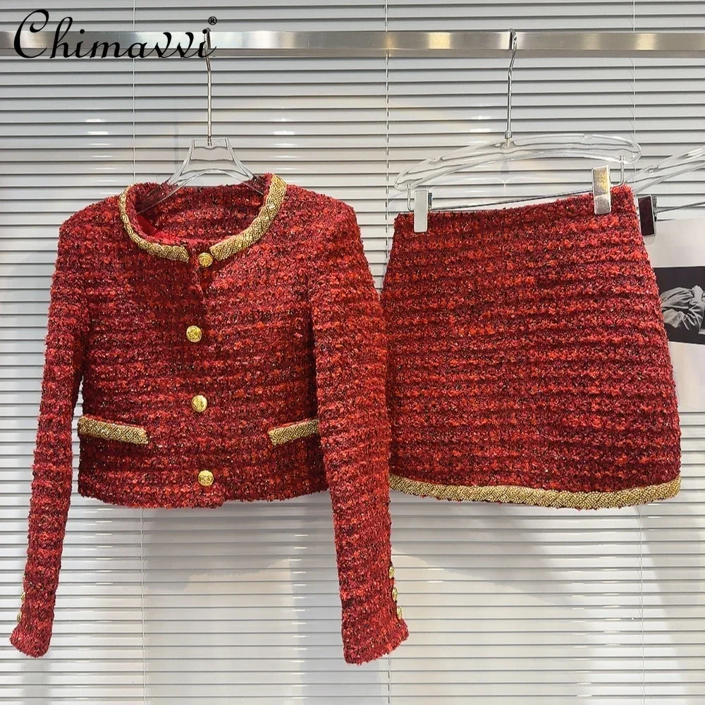 

French Style Tweed Commuter Outfits Golden Beaded Single-Breasted Jacket High Waist Slim Fit Mini Skirt Two-Piece Sets Women