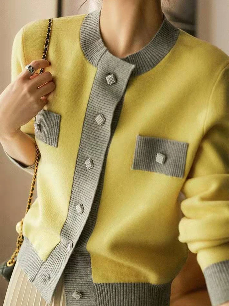 2023 Autumn Winter Korean Fashion Clothing Elegant Yellow Cardigans Sweater Women O Neck Button Long Sleeve Knitted Tops Female