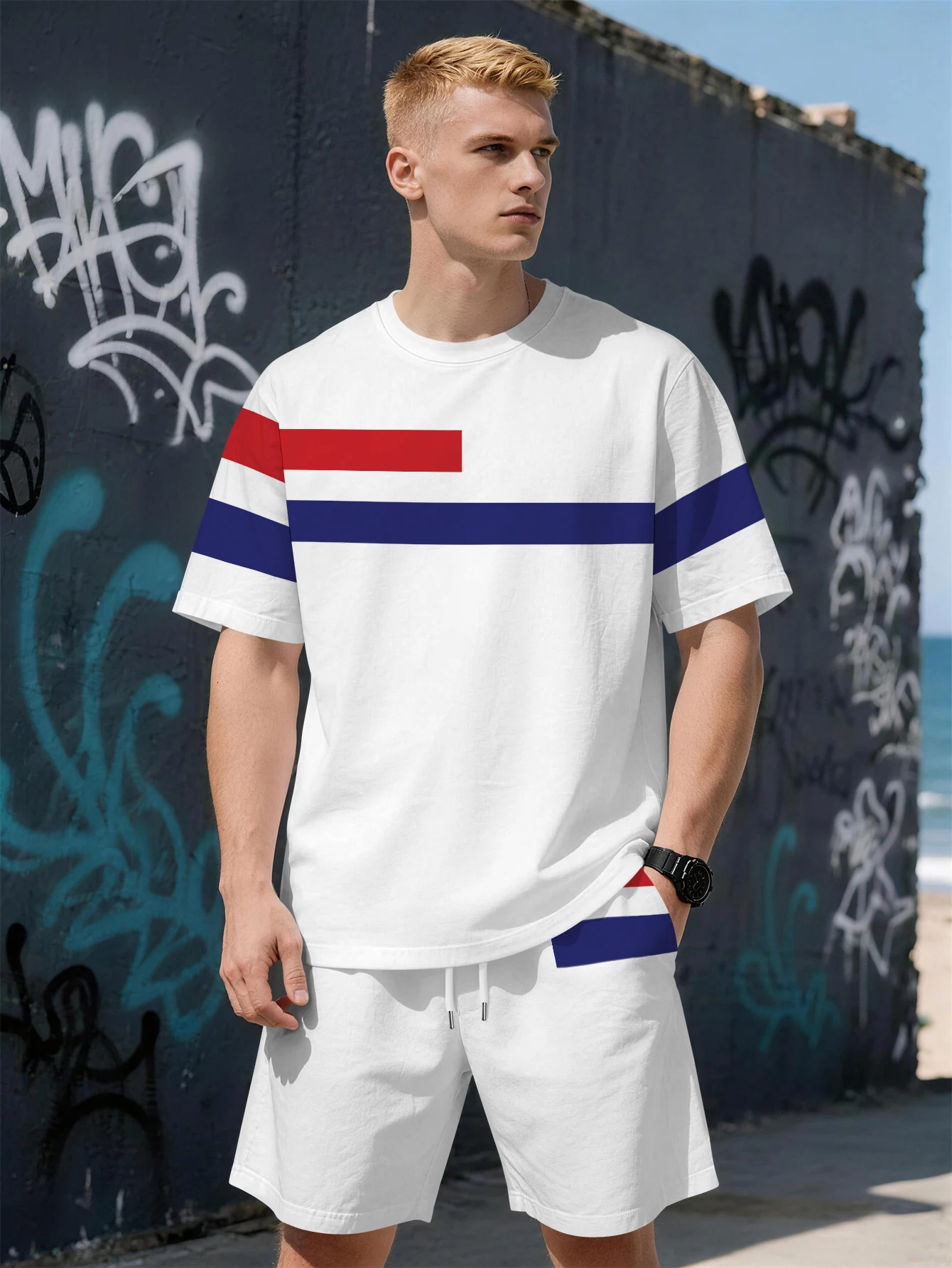 

2026 Summer New Men's Short-Sleeved Set with 3D Simple Stripes Print Casual and Fashionable Street Style Comfortable and Soft