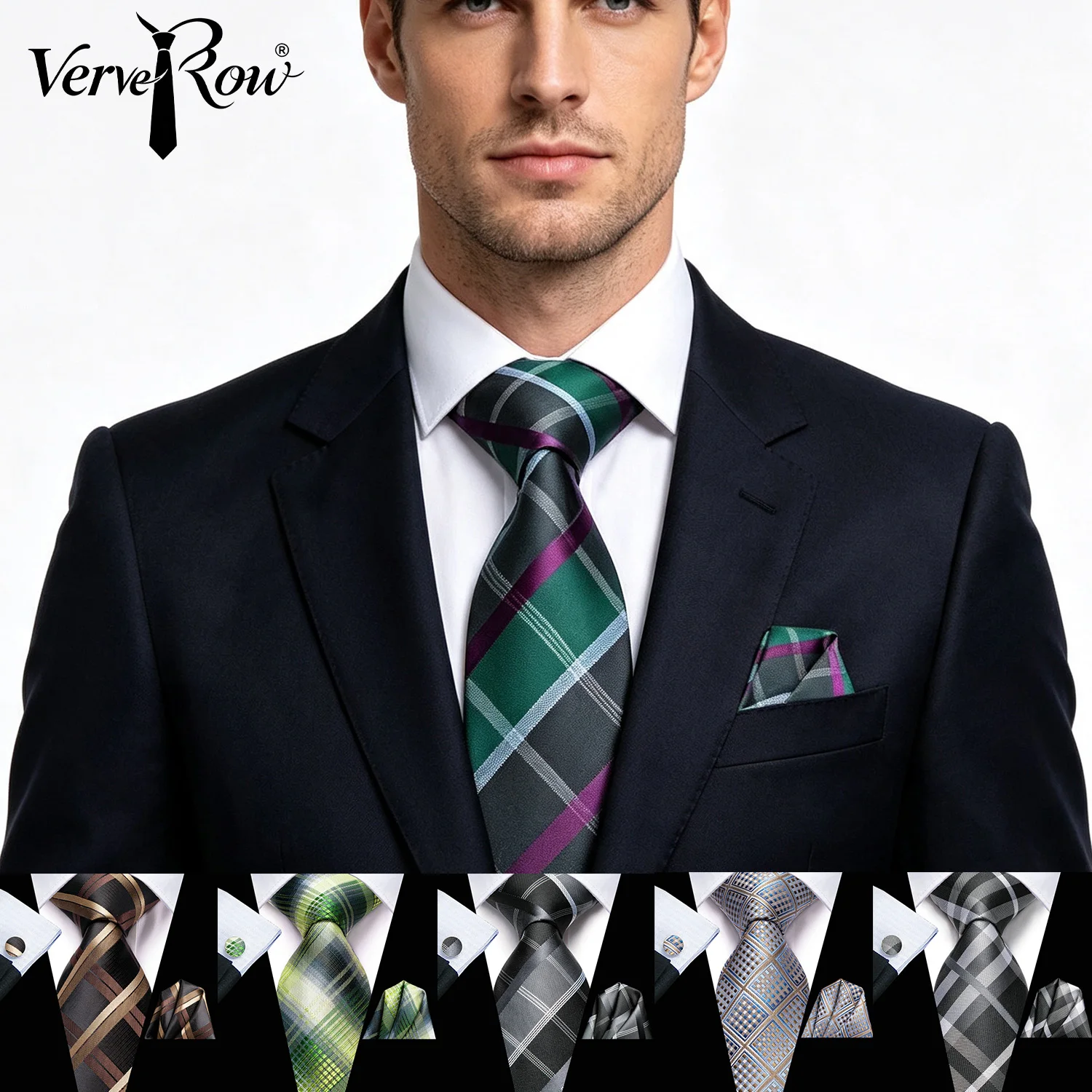 VerveRow Men Green Purple Plaid Necktie & Pocket Square Set Vintage Check Tie Formal Business Wedding Suit Gentleman Accessory