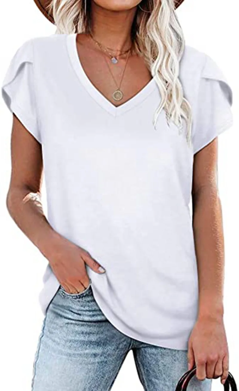 Women\'s Casual T-shirt Cotton Top 2024 Summer Solid Color V-neck Short Sleeved T-shirt Comfortable Top Футболка Женская Хлопок