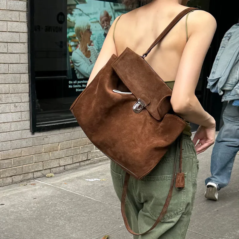 

New Coffee Color Suede Leather Tote Bag hand bill of lading shoulder women's bag retro simple large bag Tote bag