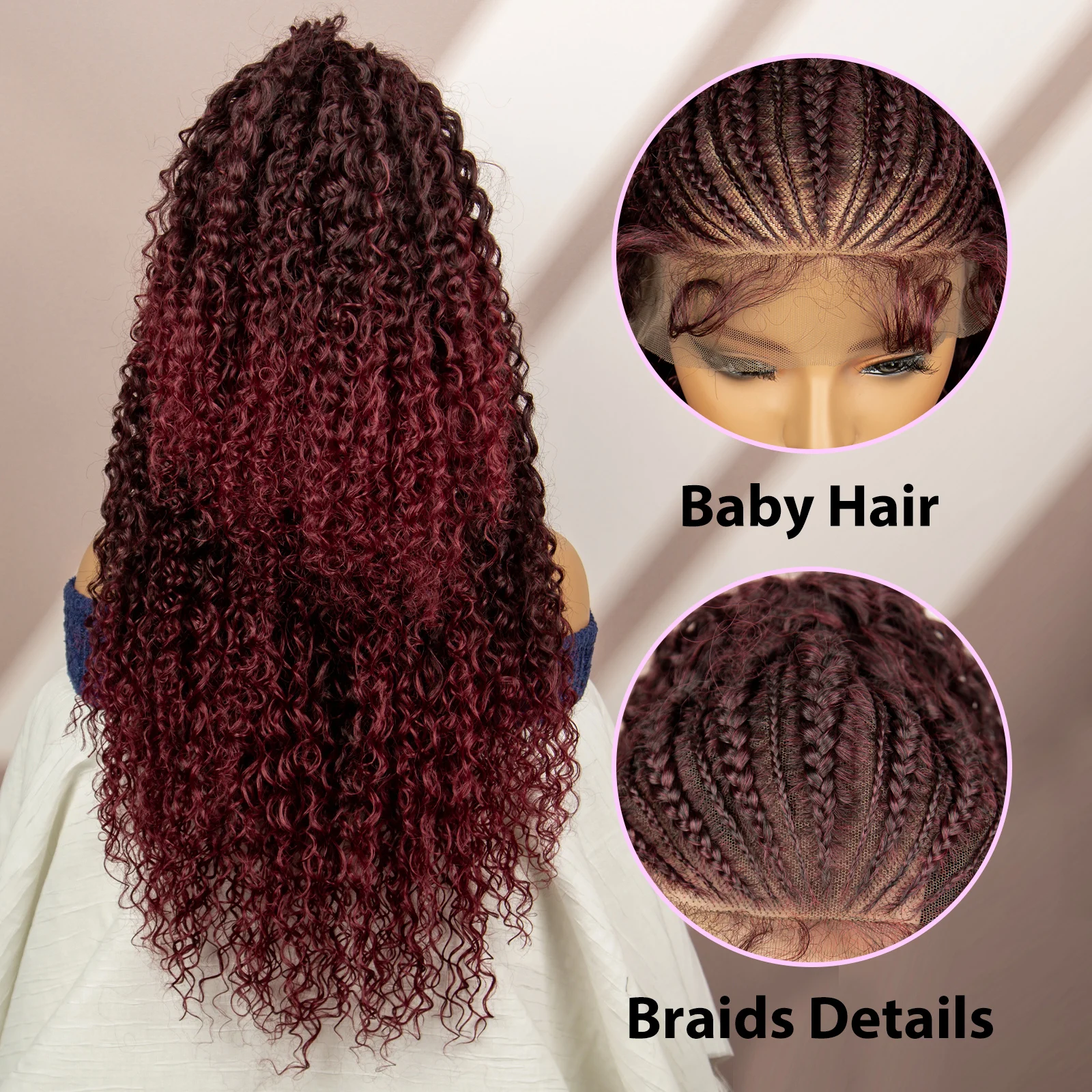 Perucas trançadas bordô para mulheres, frente de renda, tranças sintéticas, cabelo encaracolado, perucas afro com cabelo de bebê, cor 99J