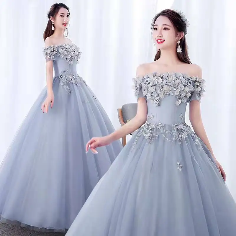 Performance dress Pondy skirt one shoulder new long host vocal music test dress gray evening dress