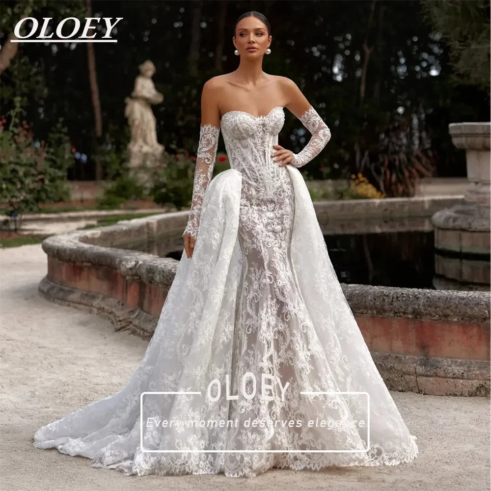 OLOEY Luxury Pearls Sweetheart Wedding Dress 2 Pieces High-End Lace Mermaid Bridal Gown With Detachable Tail Long Sleeves
