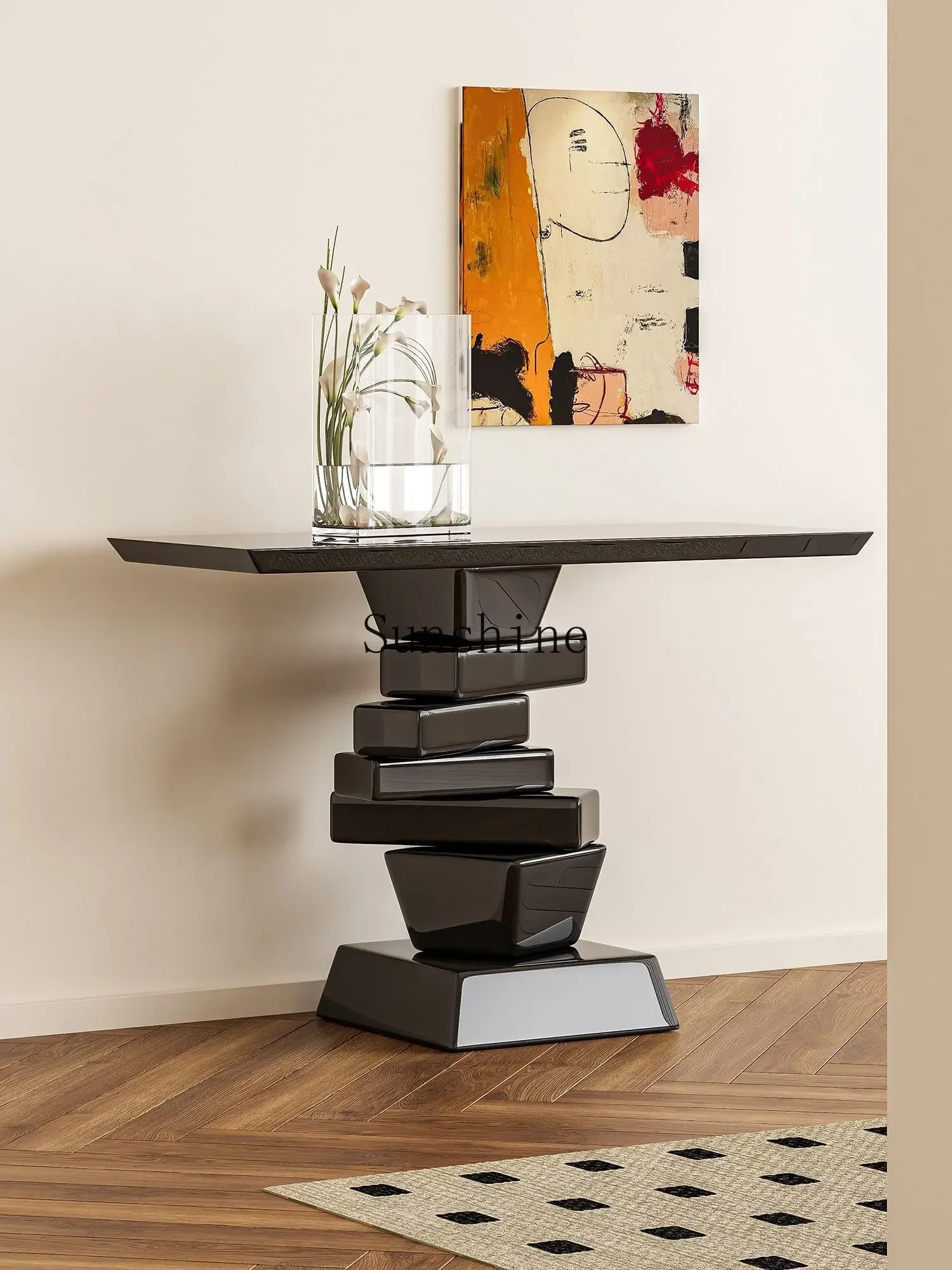 Entrance table contrasting sugar cube corridor wall decorative table