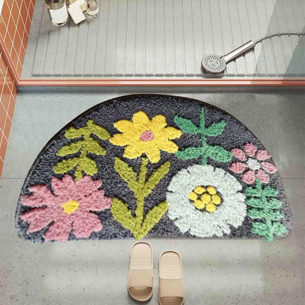 Imitation Cashmere Bath Mat Boho Flower Cartoon Panda Pattern Semicircle Floor Mat Thick Water Absorbent Non-slip for Bathroom